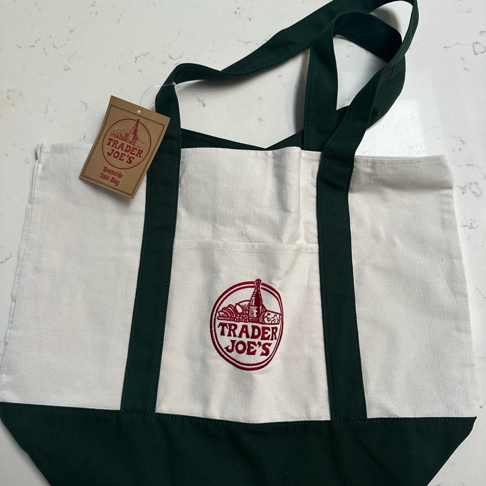 Trader Joe's White and Dark Green Tote Bag